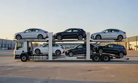 Car transporter parked in an industrial area of Basildon, Essex, United Kingdom