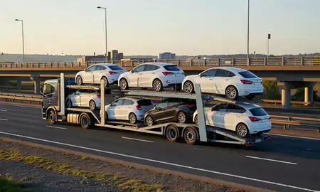 Car transporter with the Basildon, Essex, United Kingdom skyline behind it
