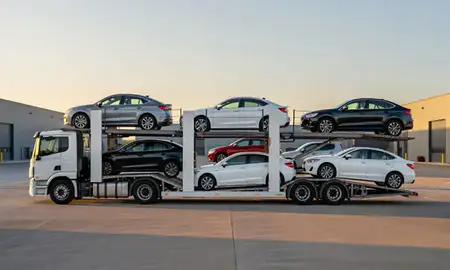 Car transporter parked in an industrial area of Braintree, Essex, United Kingdom