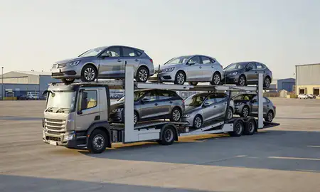 Car transporter loaded with vehicles in Braintree, Essex, United Kingdom