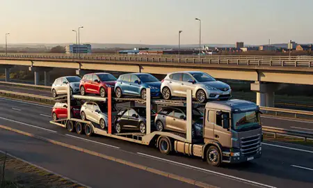 Car transporter with the Braintree, Essex, United Kingdom skyline behind it