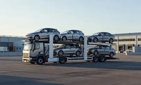 Car transporter loaded with vehicles in Brentwood, Essex, United Kingdom
