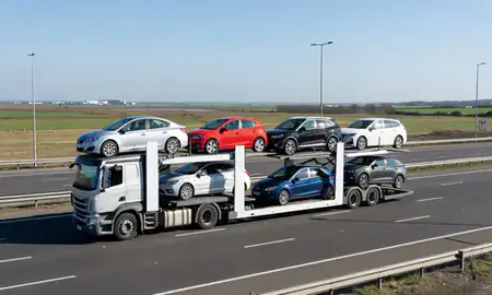 Multi-level car carrier on the motorway to Canvey Island, Essex, United Kingdom