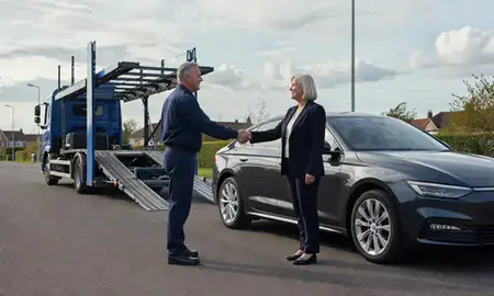 Vehicle owner beside their delivered car in Canvey Island, Essex, United Kingdom