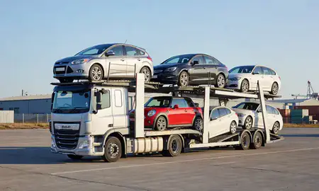 Car transporter loaded with vehicles in Canvey Island, Essex, United Kingdom