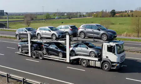 Multi-level car carrier on the motorway to Chelmsford, Essex, United Kingdom