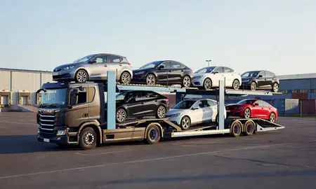 Car transporter loaded with vehicles in Chelmsford, Essex, United Kingdom