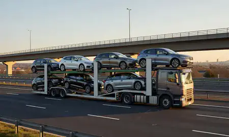 Car transporter with the Chelmsford, Essex, United Kingdom skyline behind it
