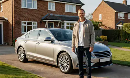 Customer with their delivered car in Clacton-on-Sea, Essex, United Kingdom