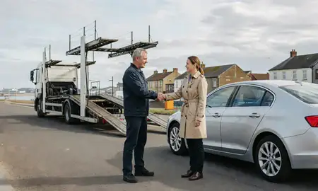 Vehicle owner beside their delivered car in Clacton-on-Sea, Essex, United Kingdom