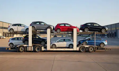 Car transporter parked in an industrial area of Clacton-on-Sea, Essex, United Kingdom