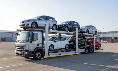 Car transporter loaded with vehicles in Clacton-on-Sea, Essex, United Kingdom