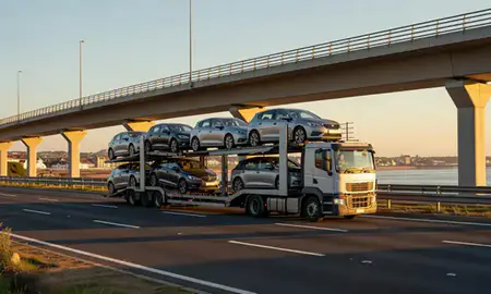 Car transporter with the Clacton-on-Sea, Essex, United Kingdom skyline behind it