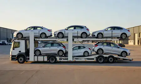 Car transporter parked in an industrial area of Colchester, Essex, United Kingdom