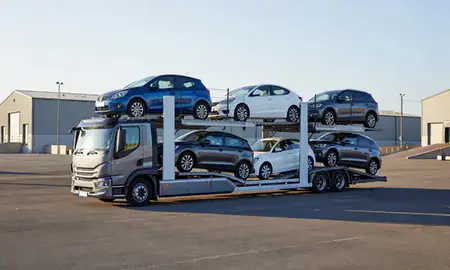 Car transporter loaded with vehicles in Colchester, Essex, United Kingdom
