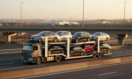 Car transporter with the Grays, Essex, United Kingdom skyline behind it