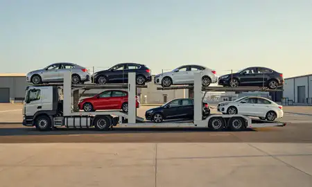 Car transporter parked in an industrial area of Harlow, Essex, United Kingdom