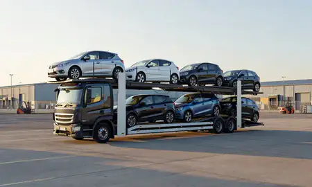 Car transporter loaded with vehicles in Harlow, Essex, United Kingdom