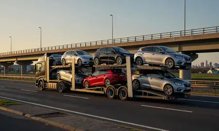 Car transporter with the Harlow, Essex, United Kingdom skyline behind it