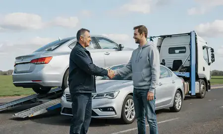 Vehicle owner beside their delivered car in Rayleigh, Essex, United Kingdom