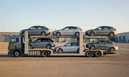 Car transporter parked in an industrial area of Rayleigh, Essex, United Kingdom