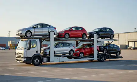 Car transporter loaded with vehicles in Rayleigh, Essex, United Kingdom