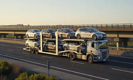 Car transporter with the Rayleigh, Essex, United Kingdom skyline behind it