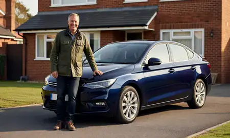 Customer with their delivered car in Southend-on-Sea, Essex, United Kingdom