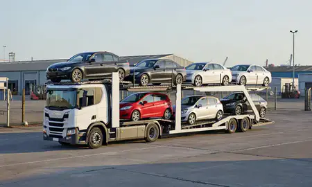 Car transporter loaded with vehicles in Southend-on-Sea, Essex, United Kingdom