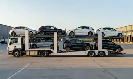 Car transporter parked in an industrial area of Falkirk, United Kingdom