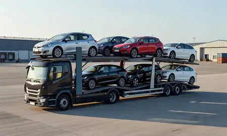 Car transporter loaded with vehicles in Falkirk, United Kingdom