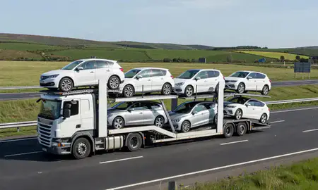 Multi-level car carrier on the motorway to Fife, United Kingdom