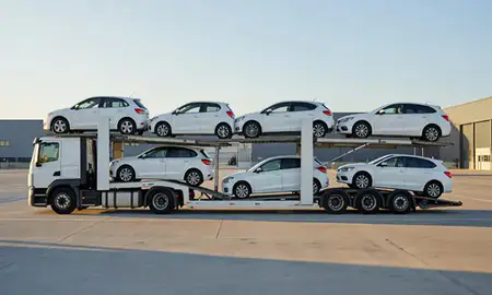 Car transporter parked in an industrial area of Fife, United Kingdom