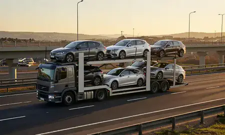 Car transporter with the Fife, United Kingdom skyline behind it