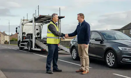 Vehicle owner beside their delivered car in Dunfermline, Fife, United Kingdom