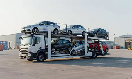 Car transporter loaded with vehicles in Dunfermline, Fife, United Kingdom