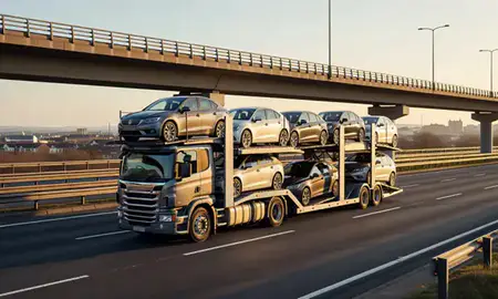 Car transporter with the Dunfermline, Fife, United Kingdom skyline behind it