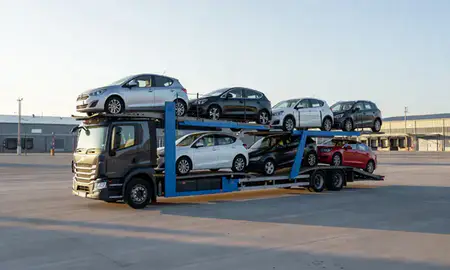 Car transporter loaded with vehicles in Glenrothes, Fife, United Kingdom