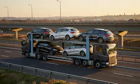 Car transporter with the Glenrothes, Fife, United Kingdom skyline behind it