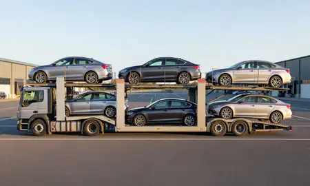 Car transporter parked in an industrial area of Kirkcaldy, Fife, United Kingdom