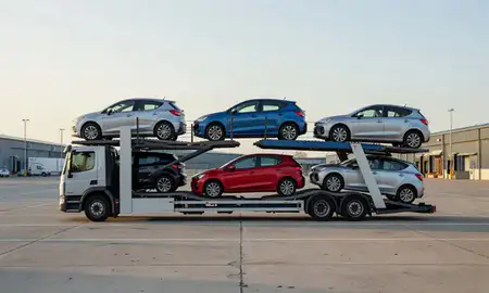 Car transporter loaded with vehicles in Kirkcaldy, Fife, United Kingdom