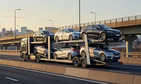 Car transporter with the Glasgow, United Kingdom skyline behind it
