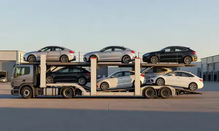 Car transporter parked in an industrial area of Gloucestershire, United Kingdom