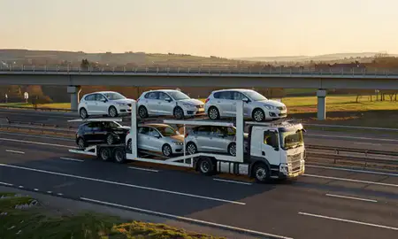 Car transporter with the Gloucestershire, United Kingdom skyline behind it