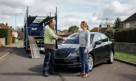 Vehicle owner beside their delivered car in Cheltenham, Gloucestershire, United Kingdom