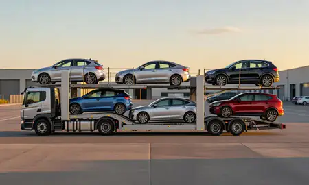 Car transporter parked in an industrial area of Cheltenham, Gloucestershire, United Kingdom