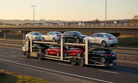 Car transporter with the Cheltenham, Gloucestershire, United Kingdom skyline behind it