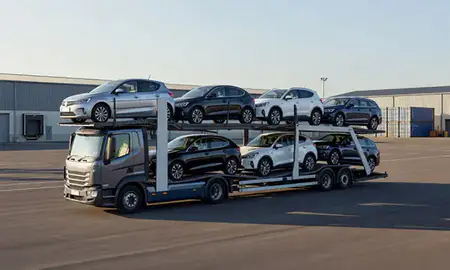 Car transporter loaded with vehicles in Filton, Gloucestershire, United Kingdom