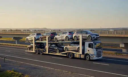 Car transporter with the Filton, Gloucestershire, United Kingdom skyline behind it