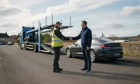 Vehicle owner beside their delivered car in Gloucester, Gloucestershire, United Kingdom